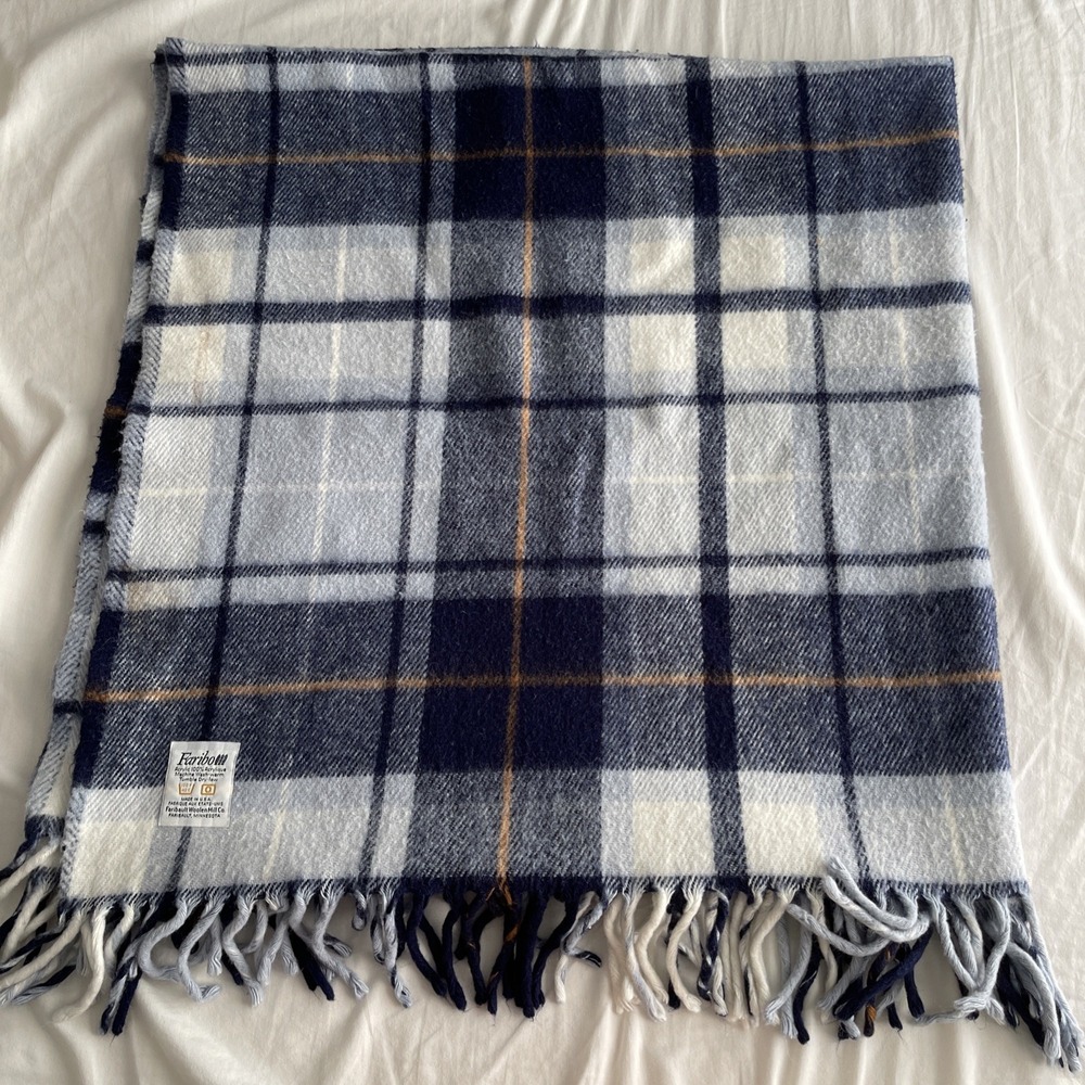 VTG Faribo Plaid 52x52" Blanket Blue Throw Stadium Lap White Acrylic USA Fringe